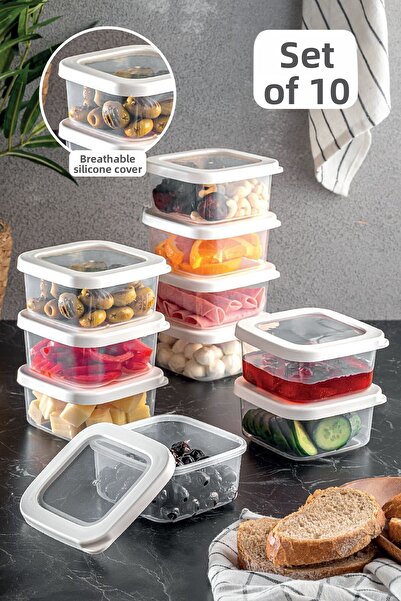 Meleni Home Set of 10 Eva Silicone Square Storage Container with Lid - Spice Bowl - Breakfast Set White