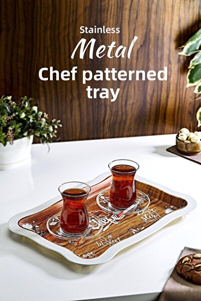 grimorlife صينية تقديم معدنية منقوشة من الشيف - صينية شاي وقهوة 25x36.5 سم