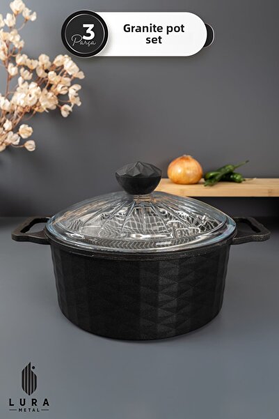 Skygo 3 Piece Black Cast Granite Frying Pot 24 cm – with Oil Strainer, Glass Lid, Fireproof Non-Stick