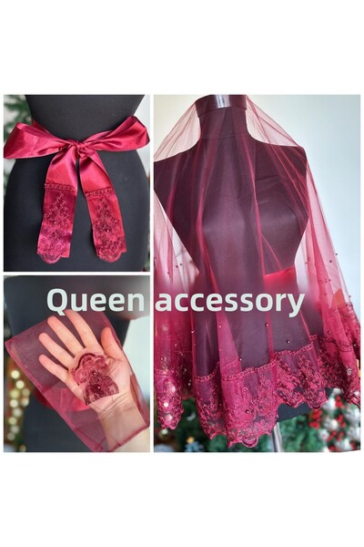 Queen Nelly Design de lux roșu burgundă - Set de voal și șorț de mireasă din tul cu dantelă guipură pentru noaptea de nuntă
