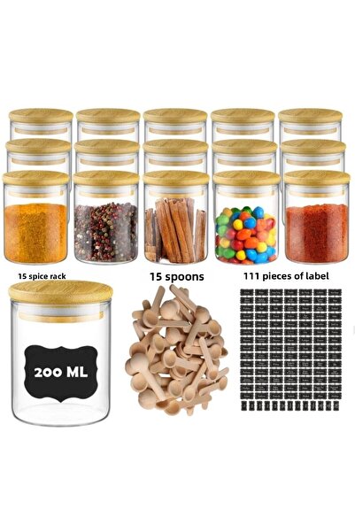 Karçiçeği Home 15 قطعة من برطمان توابل مزخرف سعة 200 مل و111 ملصق أسود و15 ملعقة توابل من الخيزران