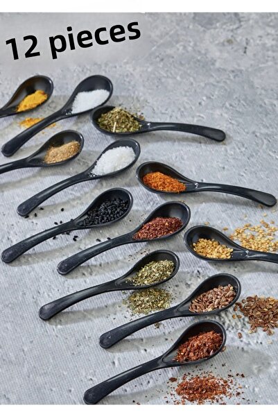 ŞAKİLATA CONCEPT 12 ملعقة تقديم وتوابل سوداء - ملعقة عسل للإفطار وملعقة تقديم...