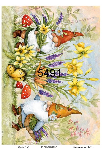 LİNEART 5491 جنوم - ديكوباج نحاسي على شكل زهرة مع لحية قزم وفطر، مقاس 30x42