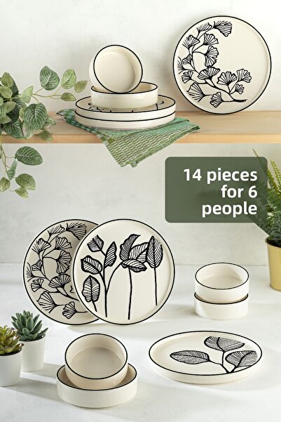 Vienev طقم إفطار قابل للتعبئة مكون من 14 قطعة من Black Leaf لـ 6 أشخاص - طبق ...