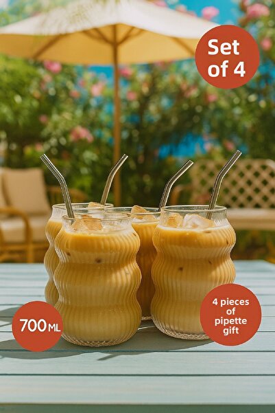 Open Home Concept Set of 4 Glass Iced Cold Coffee Glass + Glass Straw Gift 700 ml