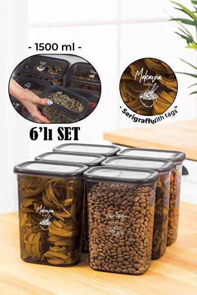 Vienev Set of 6 Peggy Rectangular Storage Containers with White Screen Printing Label 1500 Ml Anthracite