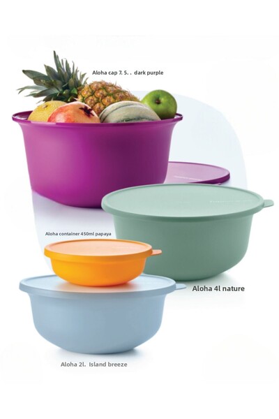 Tupperware Aloha Cup Set of 4 (7.5L Dark Purple, 4L Nature, 2L Island Breeze, 450ml Papaya)