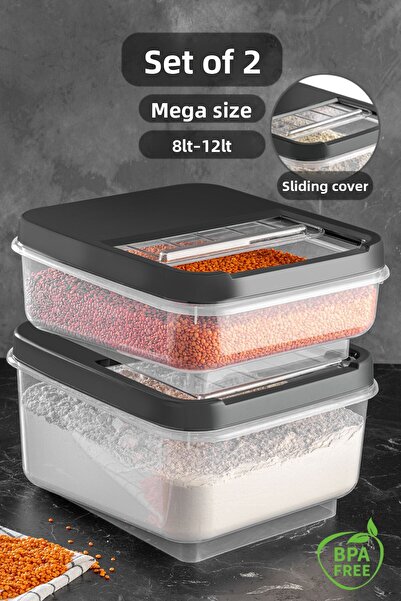 Meleni Home مجموعة من 2 - حاوية تخزين البقوليات بغطاء منزلق 8 لتر - 12 لتر صندوق منظم للمطبخ حاوية دقيق أنثراسايت