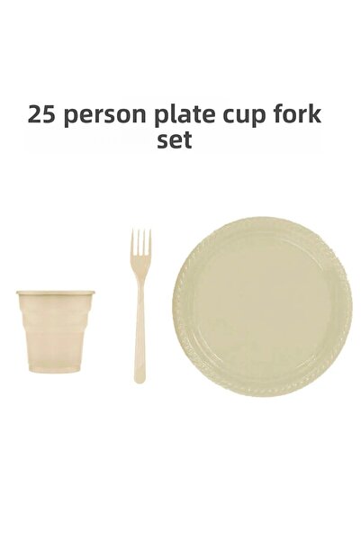 Bkmc Set de 25 farfurii din plastic, pahare, furculiță