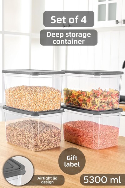 Meleni Home 4 Deep Food Storage Containers with Labels - Pulses Flour Container Large Size Food Box 5300 ml Transparent