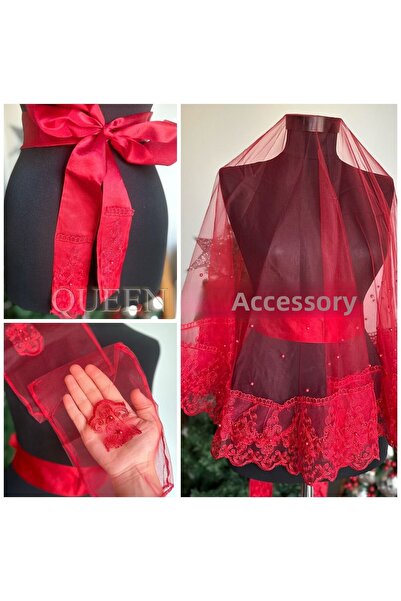 Queen Nelly Design de lux - Set de brâu de mireasă din dantelă guipură cu perle roșii și voal din tul