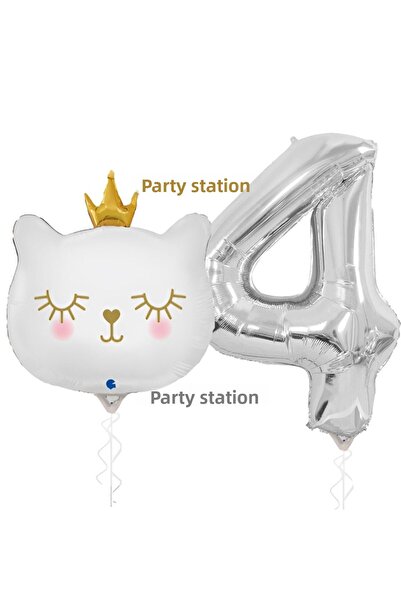 Parti Station مجموعة بالونات عيد ميلاد القطة البيضاء لعمر 4 سنوات، مجموعة بال...