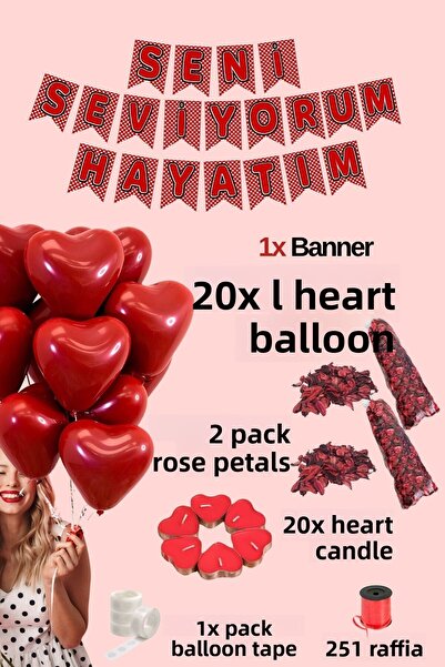 Baloncu Dede 20 Red Heart Balloons 20 Candles I Love You My Life Written Banner Helium Compatible Valentine's Day