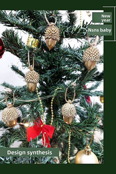 Tasarım Sentezi 5 قطع من زينة شجرة عيد الميلاد من خشب الصنوبر الطبيعي، هدية عيد الميلاد والعام الجديد، زينة ذهبية