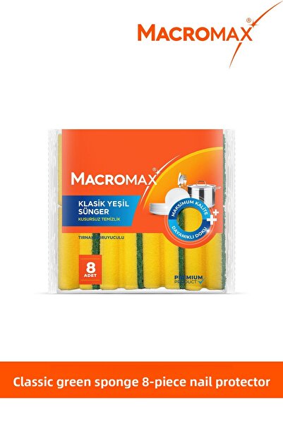 MACRO MAX Dishwashing Sponge with Nail Protector 8 Pack, Ergonomic Green Classic Sponge
