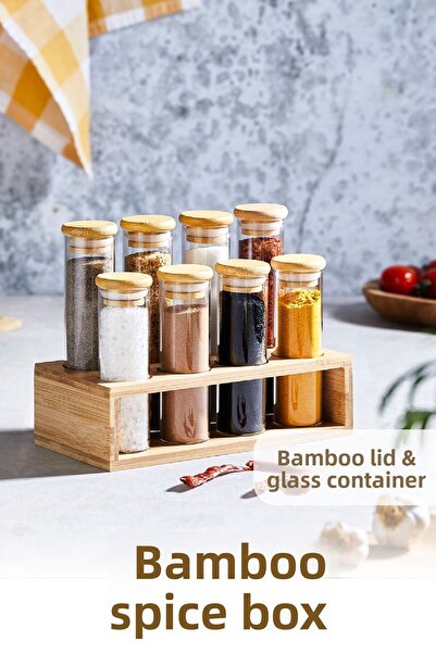 Vienev Set de 8 suporturi pentru condimente din sticlă din bambus