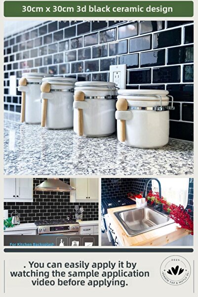 Technojet Self-Adhesive 3D Black Ceramic Look Kitchen Countertop Coating 30cm×30cm Pack of 4