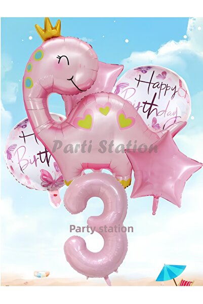 Parti Station مجموعة بالونات على شكل ديناصور وردي لعمر 3 سنوات، مجموعة بالونا...