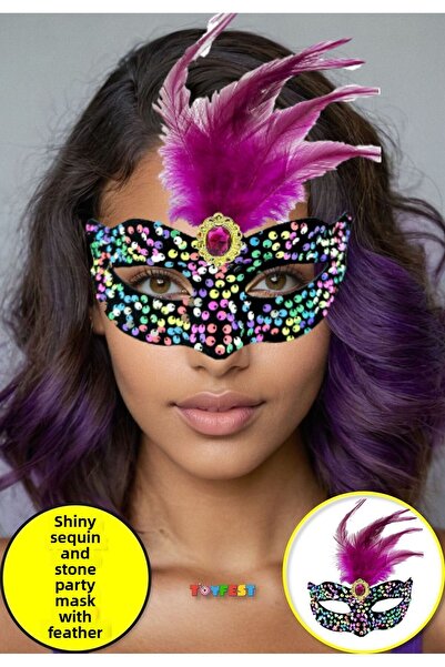 TOYFEST 19x21 cm Black Velvet - Colorful Sequined, Pink Feather and Rhinestones Party Mask