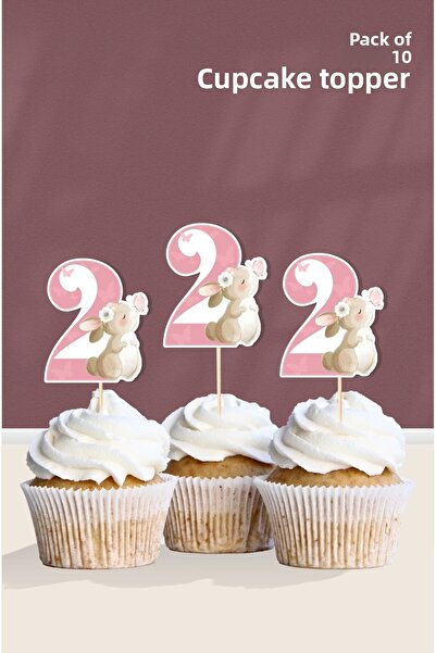 neşeli günlerim زينة كب كيك على شكل فراشة وأرنب بعمر عامين، 10 قطع