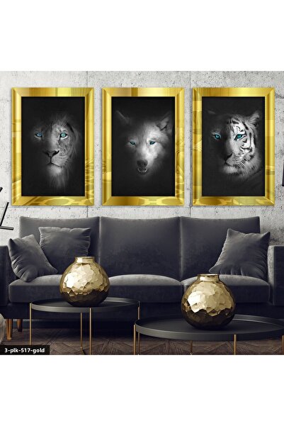 Evinemoda Τραπέζι καθρέφτη από πλεξιγκλάς Lion Tiger Wolf Gold 3 τεμαχίων