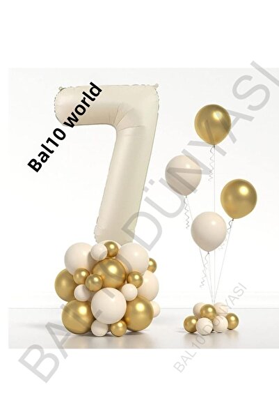 BAL10 DÜNYASI Beige Number Foil and Chrome Pastel Balloon Set Age 7