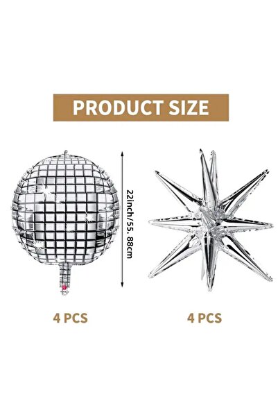 Çemrek Süs Parti Silver Disco Ball Foil Balloon and Silver Polar Star Foil Balloon Set 8 Pieces