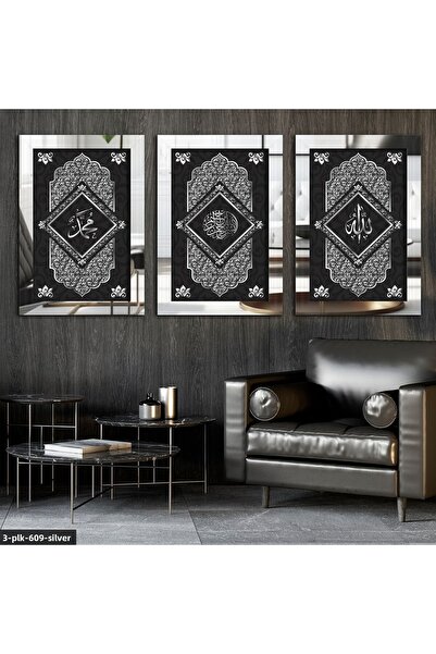 Evinemoda Allah Muhammed Bismillah Silver 3 Piece Plexi Mirror Table