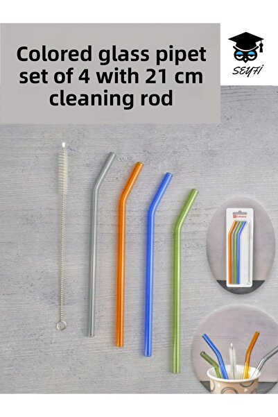 SEYFİKİRTASİYE Colorful Glass Straw Set of 4 with 21 cm Cleaning Stick