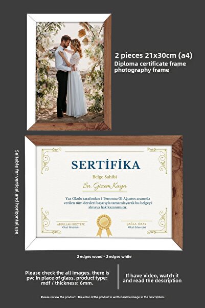 yhfoto 2 bucăți 21x30 MDF A4 Cadru - Ramă Foto - Lemn-Alb 2 Culori Cadru Diploma