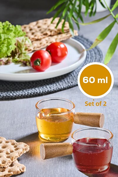 Vienev Set of 2 Small Size Glass Sauce Bowl with Wooden Handle 60 ml