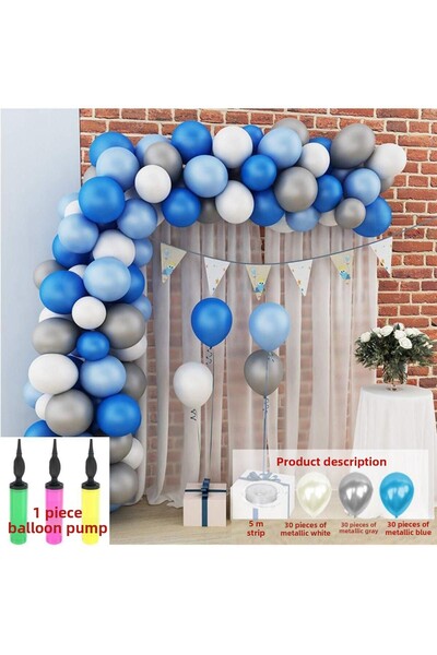 Işıl Işıl بالون أزرق-أبيض-رمادي لون معدني 90 قطعة + سلسلة بالونات 5 متر + مضخ...