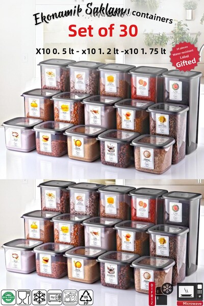 Nandy Home مجموعة مكونة من 30 حاوية تخزين اقتصادية مقاومة للكسر من أنثراسايت مع ملصقات x10 - 1.75/1.2/0.5 لتر