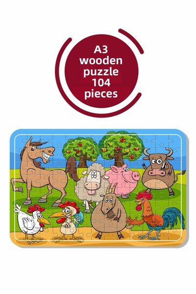 Baskı Atölyesi لغز خشبي لطيف للحيوانات مقاس A3 مكون من 104 قطعة