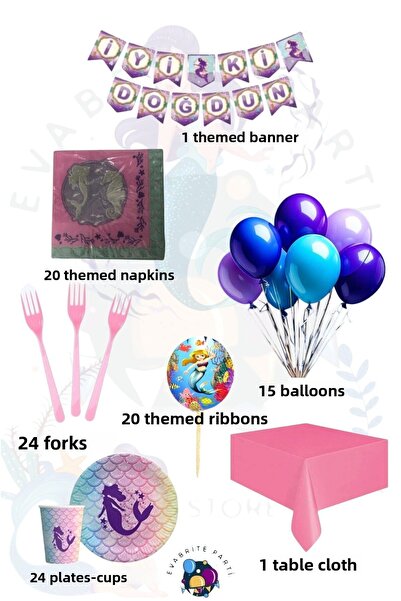 Evabrite Σετ με θέμα Γοργόνα για 24 άτομα Superbk - Προμήθειες για πάρτι γενε...