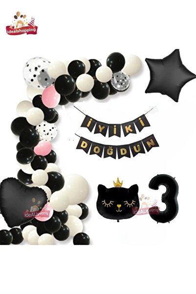 Bkmc Bannerli 3 ani Black Cat Foil Heart Star Black White Concept Set de aniv...