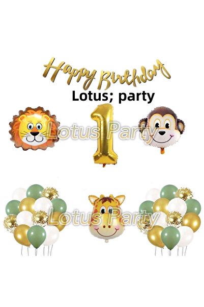 LOTUS PARTY Safari Themed 1 Year Birthday Set 30 Balloon 3 Pieces Animal Figure Foil Balloon Happy Birthday Face