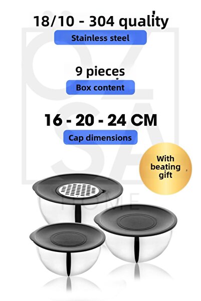 ÖzSa Home 9 Pieces 16-20-24 Cm 18/10 Steel 3 Size Double Grater Mixing Bowl Storage Container Set