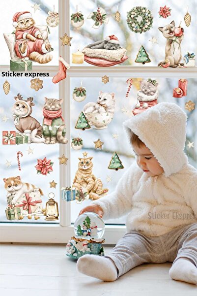 Sticker Ekspres لطيف عيد الميلاد القطط السنة الجديدة زجاج الباب الجدار ملصق مجموعة