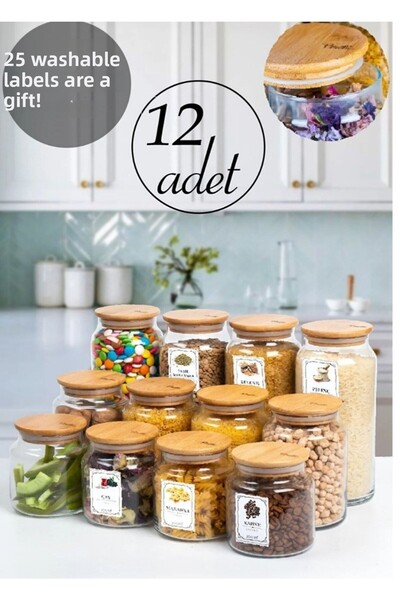 Kitchen Pembelia 12 Pieces Labeled Bamboo Lid Glass Vacuum Pulses Container P...