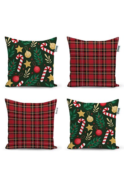 Sakallı Christmas Pattern 3D Digital Printed Decorative 4-Piece Throw Pillow Cover
