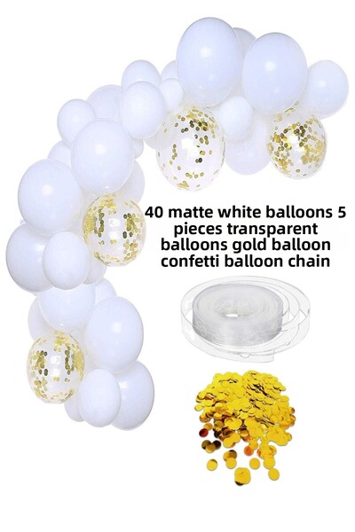 Parti dolabı Matte White Balloon Chain Set 40 White Balloons + 5 Transparent Balloons with Gold Confetti and Chain Apparatus