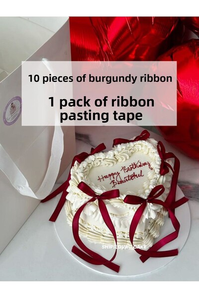 PartyPoo بالون كيك مع شريط فيونكة باللون العنابي 10 قطع من شريط زينة عيد الميلاد الكبير