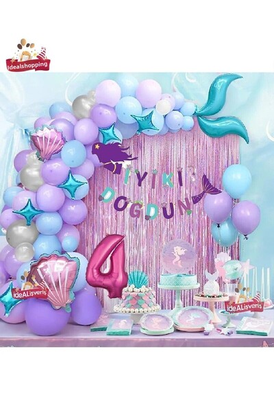 Bkmc Banner sirenă de 4 ani Balon albastru mov Baloane din folie Set perdea c...
