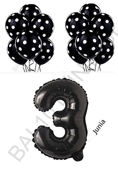 BAL10 DÜNYASI Black Number and Black and White Polka Dot Balloon Set Age 3