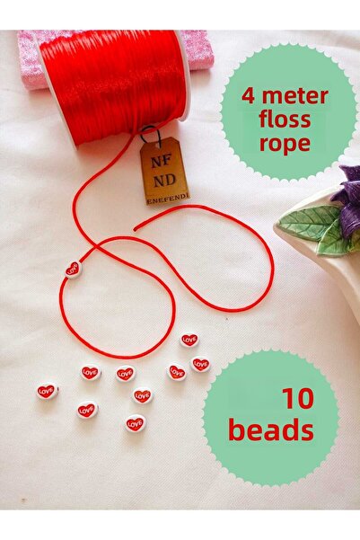 ENEFENDİ 4 Metre Floş String Rattlesnake Tail Thickness 2mm Red Bracelet Jewelry Gift String and 10 Love Beads