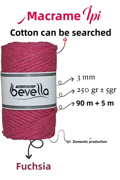 Bevella Macrame Cord Σχοινί Taranan Macrame 3mm Βαμβακερό μονό στριφτό νήμα μακραμέ φούξια