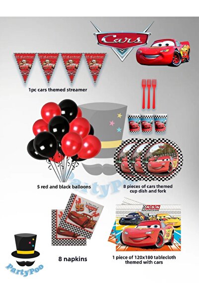 PartyPoo Set de aniversare Cars Cars pentru 8 persoane Eco2 |   Farfurie, pahar, ornament și articole pentru petreceri