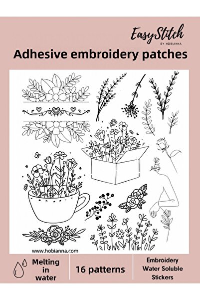 Hobianna Melting in Water Interlining Embroidery Motif Set - Flowers, 16 Adhesive Patterns