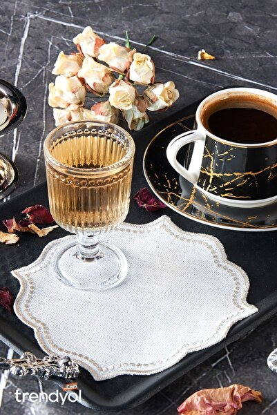 CASANUOVA 6 Pack Cocktail Napkins Embroidered Hollowed Linen Effect Stone Color